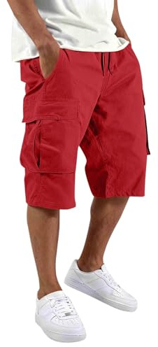 Men's Cargo Shorts 3/4 Length Combat Work Shorts Comfort Elasticated Waist Summer Casual Short Pants Multi-Pockets Breathable Knee Length Cropped Trousers for Outdoor