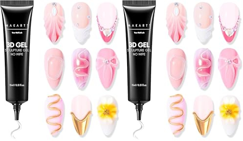 Makartt Gel 3D Nail Art - 3 en 1 Rhinestone Glue Gel pour Ongle & Colle à Ongles Sculpting Gel Polish pour Nail Charms Design dans la salon DIY at Maison Transparent UV LED 15ml (Lot de 2)