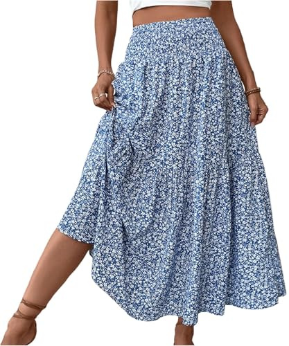 Générique Jupe Longue Femme Bohème Ete Élégante Jupes Plissée Longue Fleur Lmprimé Taille Haute ÉLastique Fluide Jupe de Plage Femme pour Ete Vacances Plage
