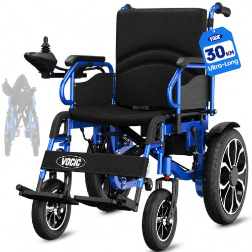 VOCIC V56 Foldable Electric Wheelchair, Max 150kg, 40cm Tyres, 30km Range | Foldable Power Mobility Wheelchair for Adults with Large Pneumatic Tyre for Outdoor, Easy to Transport for Travel, Dark Blue