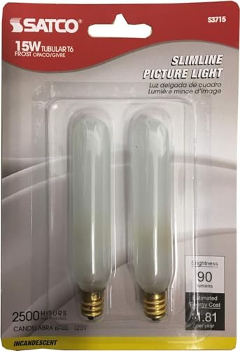 Satco S3715 Set of 3 Blister Packs Each with Two T6 Candelabra Tubular 15 Watt 120V Incandescent Dimmable Frosted Bulbs; Total of 6 Bulbs; C-5A Filament; E12 ANSI Base; 2700K Warm White