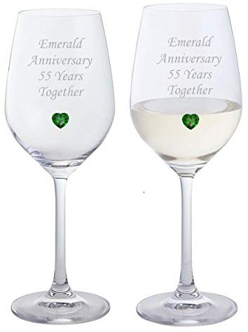 2 Emerald Anniversary 55 Years Together Pair of Dartington Crystal Wine Glasses with Emerald Heart Gem