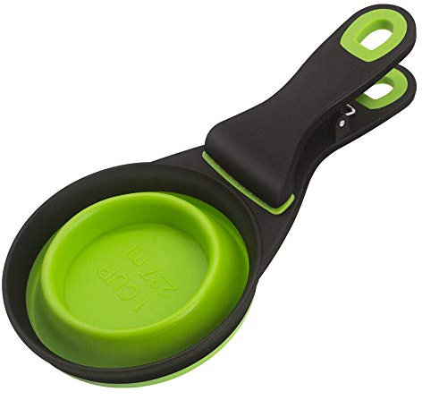 Buyter 3 en 1 TPE Pet Scoop Plegable Grano Bolsa Titular Taza medición Perro Comida Cuchara (S, Verde)