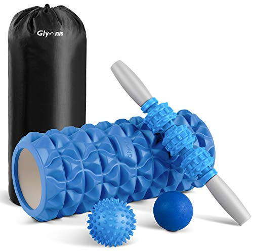 Glymnis Rouleau de Massage 4 en 1 Kit Foam Roller et Baton Massage et 2 Balles de Massage Rouleau en Mousse pour Massage Profond Shaping Yoga (Bleu)