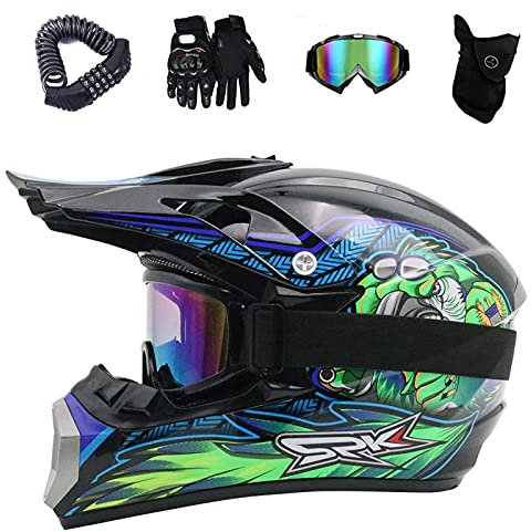 VOMI Off Road Helm Herren Damen Downhill Motorrad Helm Set, Erwachsene Cross Helm mit Brille, Handschuhe, Helmschloss, Maske, Kinder Motocrosshelme für Enduro Quad Bicycle Scooter Fahrrad,Blau,L