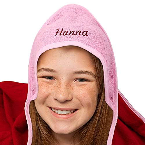Smyla Personalisiertes Kinder Kapuzenhandtuch 140x140cm mit Name | Pink | Personalisierter Badeponcho mit Kapuze | 100% Bio Baumwolle | Strandtuch Badetuch für Kinder | Junge oder Mädchen