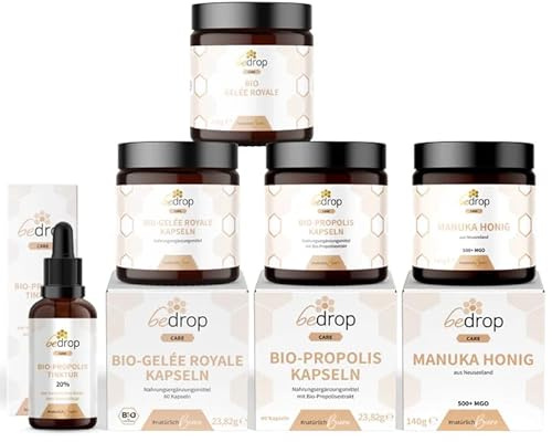 bedrop Das Allrounder-Set, Propolis Kapseln & 20% Tinktur, Gelée Royale Kapseln & pur/frisch & Manuka Honig MGO400+ als Vorteilspaket/Sparset