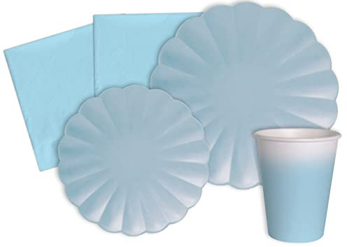Kit Vaisselle de Fête Flower Shape pour 8 personnes (44 pcs: 8 assiettes Ø23cm, 8 assiettes Ø18cm, 8 gobelets 250ml, 20 serviettes 33x33cm) en papier compostable eco-friendly, bleu ciel pastel