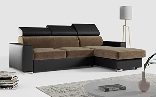 MKS MEBLE Ecksofa Wohnzimmer - Wohnlandschaft - L-Form Couch mit Schlaffunktion - Bettsofa - Wohnzimmer L Couch - Polstersofa mit Bettkasten - Fox Helbraun Schwarz