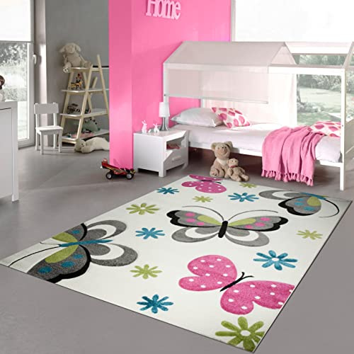 Teppich-Traum Kinderzimmer-Teppich mit Schmetterlingen | Hautsympathisch | Creme pink, 200 x 290 cm