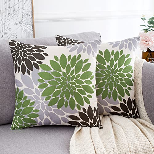 Kissenbezüge 40x40cm Grün Braun und Grau Modernes Blumen Muster Dahlie Sofakissen Kissenhülle Dekorativ Quadratisch Waschbar Sommer Herbst Kissenbezüge für Wohnzimmer Schlafzimmer Sofa Café