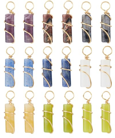 SUPERFINDINGS 18Pcs 9 Styles Gemstone Pendants Column Natural Mixed Stone Charms with Light Gold Copper Wire Wrapped Crystal Stone Pendants Charms for Earring Necklace Bracelet Jewelry Making