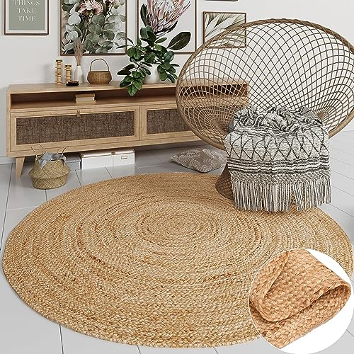 MY-RUG Jute Teppich Rund 120 cm - Boho Teppich Natur Robust Handgemacht | Nachhaltiger Juteteppich handgewebt, ideal für Esszimmer, Flur oder Küche, strapazierfähiger Boho Style im Skandi Look