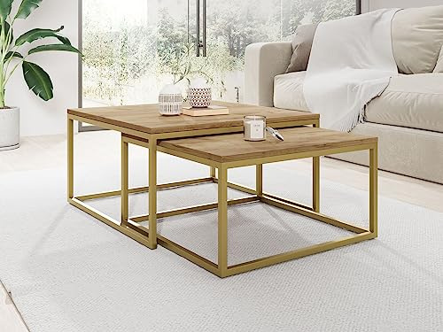 WFL GROUP Rechteckige Quadratische Satztische Couchtische mit Gold Gestell - Loft Style Couchtische Metallbeine - 2 in 1 - Zwei Industrielle Getrennte Tische für Wohnzimmer - Craft Eiche