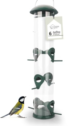 WILDLIFE HOME Fågelmatare I 40 cm med 6 inflygningsplatser I Fågelmatningsstation för upphängning, foderpelare, korn vilda fåglar fodersilo