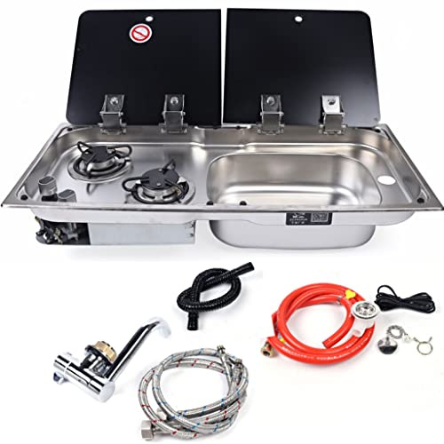 OSKOE Gas RV Stove Sink Combo, 2 Burners LPG Cooktop, Boat Caravan Camping Cooker, Stainless Steel, Tempered Glass Lid, Portable Design