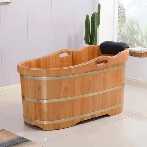 MegLob Holz Freistehende Badewanne, Spa Massivholz-Einweichenwanne Mit Handläufen, Klassischer Deep Soaker Für Hotel/Schönheitssalon, Mobile Innenbadewanne Für Kleine Badezimmer,150cm/59.05