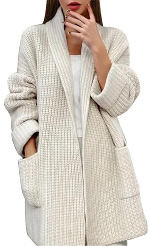 MILAX Women's Cardigan Damen-Strickjacke mit verdickter, einfarbiger Strickjacke mit V-Ausschnitt und Taschen Coat Damen Winter (White, L)