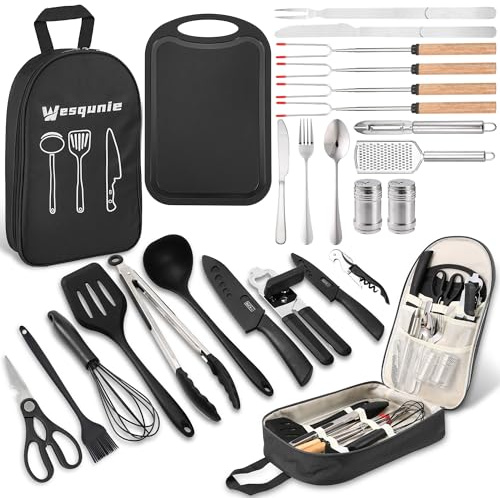 Wesqunie Camping Utensils Cooking Set - 25PCS Camp Cookware Accessories Kit, Portable Outdoor Cook Essentials Equipment, Camper Kitchen Organizer Gear for Rv Picnic Grill Travel