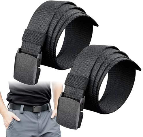2 Pcs Men's Belts, Lightweight Nylon Webbing Belts for Men with Non Metal Adjustable Buckle, Airport Security Friendly Cut-to-Fit Design, 150cm Extra Length for Casual or Work Wear, Ideal for Travel