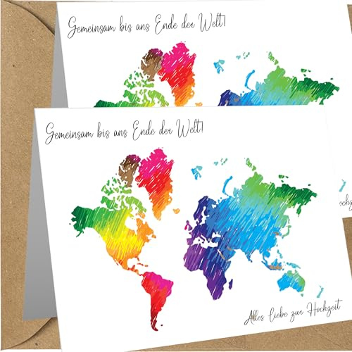 the lazy panda card company 2 x Hochzeitskarte Gemeinsam bis ans Ende der Welt! im Aquarellstil gemalt Karte Hochzeit - (2 Stück)