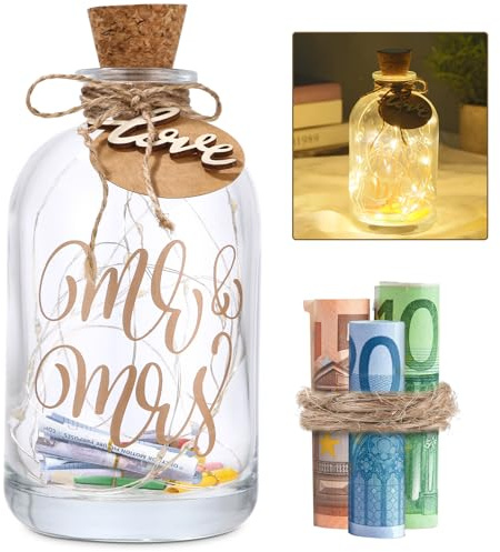 LED Flaschenlicht Hochzeit, Hochzeitsgeschenke für Brautpaar Einzigartiges Hochzeitsgeschenk Geld Spardose Hochzeit Geldgeschenk Personalisiert Geldgeschenke Hochzeit für Brautpaar Und Schätzchen