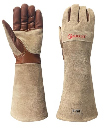 AOUCHI Top-grain Leather Welding BBQ Gloves, Fireproof Heat-Resistant Thorn Proof Mitts for Gardening TIG/MIG, Log Wood Burners, Firefighting, Fireplace, Oven, Stove, Animal Handling (Small)