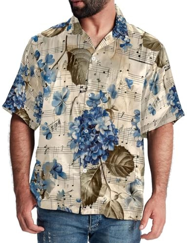 Eslifey Chemise boutonnée à manches courtes pour homme, motif hortensias vintage notes de musique, Multicolore, XXL