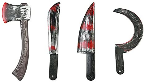 Uanratg 4Pc Halloween Plastica Falso Puntelli Sanguinanti Coltello Ascia Affilata Mannaia Falce Gioco di Ruolo Horror Giocattolo Festa di Halloween DIY