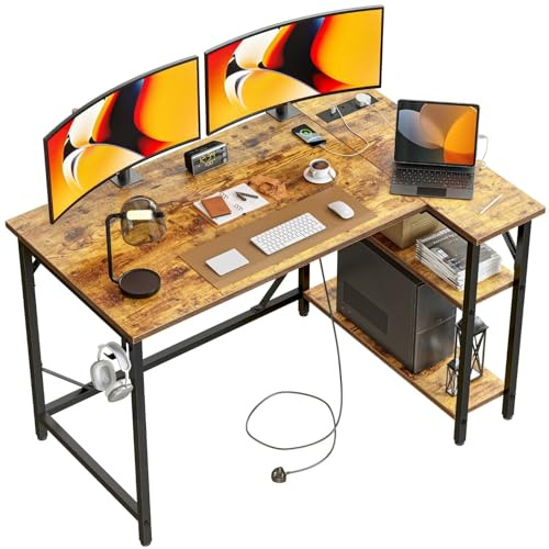DOMSHOCT Bureau d'ordinateur d'angle de 120 x 70 cm avec prises de courant, petite table de jeu en forme de L avec grandes étagères de rangement réversibles, poste de travail pour bureau à domicile