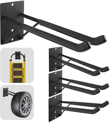 FancyEagle 14 Large Heavy Duty Garage Hooks, 4-Pack Steel Garage Storage Hooks with Support Rods, Utility Wall Mount Hangers for Power Tools, Car Tires, Ladders, Chairs, Garden Tools and More