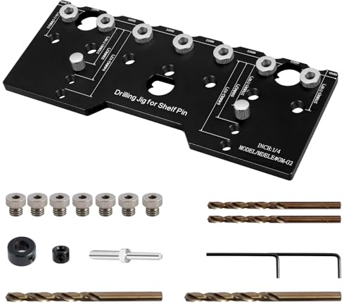 Bohrschablone für Regalstifte mit 7 Gehärtete Bohrerführungen Bohrschablone Hochwertige Alu 22 * 10cm 1/4 Zoll 5mm Bohrlehre 32mm Bohrführungen für Holzbearbeitung Heimwerken Heimwerken (Schwarz)