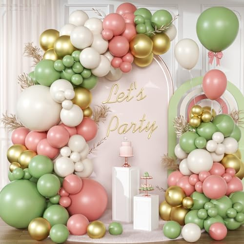 Luftballon Girlande Salbei grün und Retro Rosa, VUCDXOP 130 Stück Luftballons Bogen Kit, Ballon Arch Kit Latex Ballons Girlande Kit für Geburtstag Party, Abschlussfeier, Jubiläum,Baby Shower,Hochzeit
