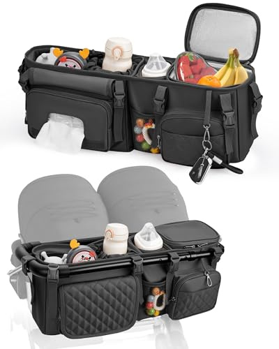 kcross Double Stroller Organizer Bag for Bob Duallie and Baby Jogger City Mini Gt2, Double Stroller Caddy Organizers with Cup Holder,Parent Console Stroller Accessories with Cooler Pockets