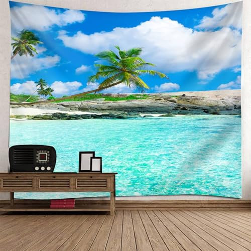 Musihy Meer-Landschaft Wandbehang Wandteppich | Polyester Kokosnussbaumlandschaft am Meer Wanddeko für Schlafzimmer Wohnzimmer | Blau Grün, 300x256cm