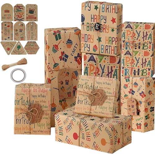 6 Sheets Wrapping Paper,Cydaluya 70x50cm Birthday Wrapping Paper,Recycled Kraft Birthday Gift Wrapping with 10m Jute String and 9 Tags for Boy Men Girl Women