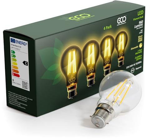 ECO Lampadina a filamento LED dimmerabile equivalente a 70 W, 6 W, 960 lumen, bianco caldo 3000 K, attacco a baionetta B22 a 2 pin, durata 25.000 ore.
