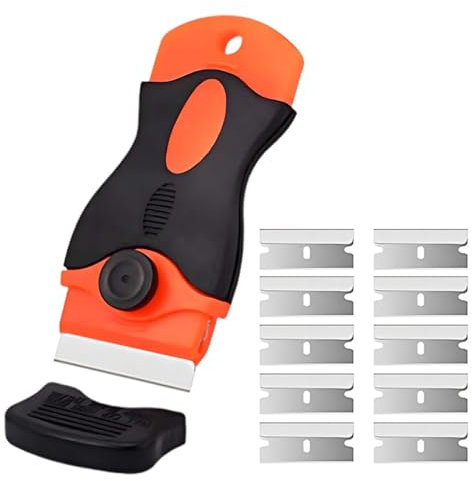XOXVURI 1 Pezzo Raschietto per Piano Cottura In Vetro, con 10 Lame di Ricambio Per Raschietto, Multiuso, per Pulizia Per Etichette, Decalcomanie, Adesivi, Calafatoio, Vernice In Vetro (Arancione)