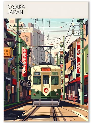 Happymotive Städteposter | Osaka Japan Retro Poster Vintage | Schlafzimmer Deko Bild im Hochformat | Bilder Wohnzimmer | Kunstdrucke in DIN A2, DIN A3, DIN A4 300g Papier ohne Rahmen