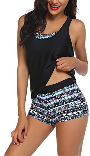 AI'MAGE Tankinis für Damen Top Summer Tankinis Set Bauchweg Bademode Badeshirt 3-Teilig Beachwear Tankini Three Pieces, Pat3, M
