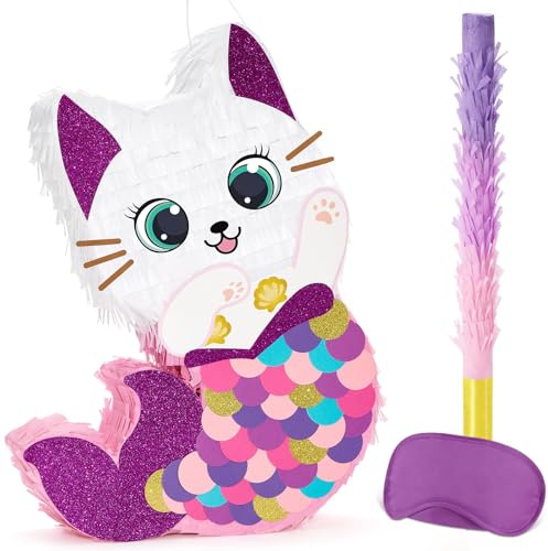 WERNNSAI Cat Pinata - Kitten Mermaid Pinata with Blindfold and Bat for Girls Kids Mermaid Birthday Party Decorations Under the Sea Party Supplies Baby Shower Summer Celebration Decor