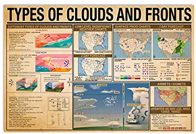 KWQDOZF Cartelli in metallo con informazioni meteorologiche, tipi di nuvole e fronti, poster di lettura, targhe guida per meteorologi, decorazioni da parete per casa, ufficio, 12x18 pollici