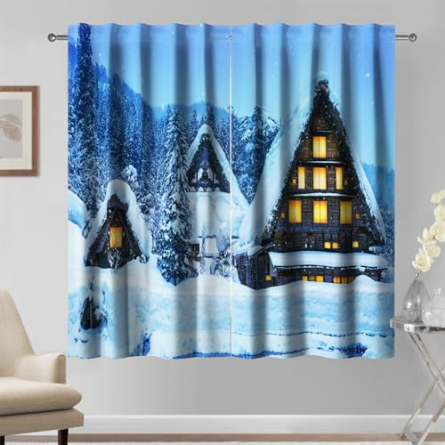 Kzzfqxb 107x160cm Tende con tasca per asta 2 pannelli, Natale Capodanno notte blu case di neve pini filtraggio della luce tenda, Decorazione inverno fresco per soggiorno camera da letto