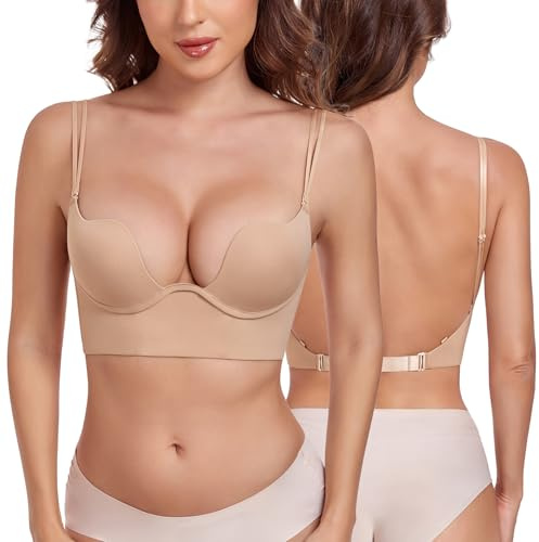 Lemorosy Women's Backless Push Up Low Cut Convertible Multiway Underwire Padded Bra(Nude,36B)
