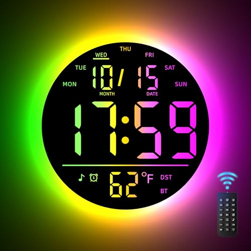 EASYERA 10 Large Digital Wall Clock with Remote Control, Music Sync RGB Atmosphere Light, Low-Reflectivity, Temperature, LED Display, Dual Alarms, BT Sync, Auto DST for Bedroom and Classroom