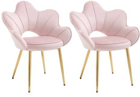 Relbiety Fauteuil Salon Confortable Lot de 2 en Velours, Fauteuil Coquillage avec Dossier en Forme de Pétale,Chaise de Coiffeuse avec Pieds en Métal,Rose Clair