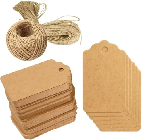 Lot de 100 étiquettes en papier kraft avec 20 mètres de Ficelle de Jute Naturelle – Étiquettes à Suspendre pour Cadeaux, Mariage, Anniversaire, Saint-Valentin et Artisanat – 3 x 5 cm