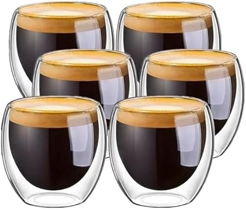 Generico Set di 6 Tazze da Caffè in Vetro Borosilicato a Doppia Parete, 80ml, Trasparente