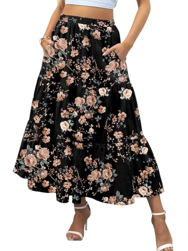 Zeagoo Jupe Femme Été Élégante Jupe Longue Casual A-Line Taille Haute Maxi Jupe Élastique Casual Jupe Uni Jupes avec Poches Floral Noir S