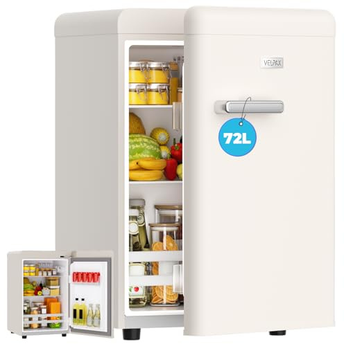 VELPAX Retro Mini Fridge, 72L Large Capacity, 43dB Quiet, Vintage Design with LED Light, 7 Temperature Control, for Bedroom, Office, Kitchen & Bar [Energy Class E] (Milky White)